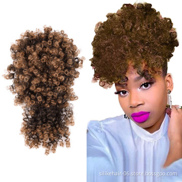 Dark Brown Black Short Drawstring Ponytail Puff Hair Pieces Afro Kinky Curly Chignon Bun With Bangs Synthetic Hair Extensions